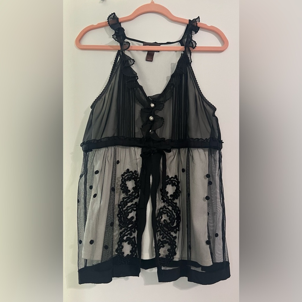 VINTAGE Trulli Black Sheer Camisole Blouse Ruffles Polka Dots Y2K 2000s Medium